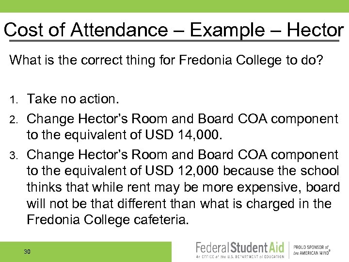 Cost of Attendance – Example – Hector What is the correct thing for Fredonia
