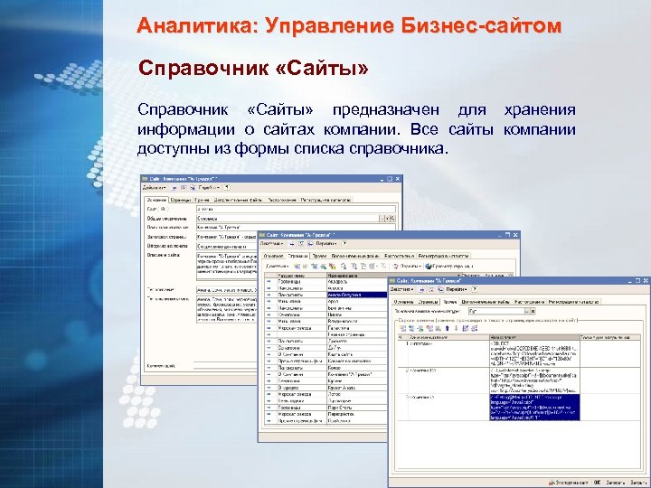 Аналитика: Управление Бизнес-сайтом Справочник «Сайты» Справочник «Сайты» предназначен для хранения информации о сайтах компании.