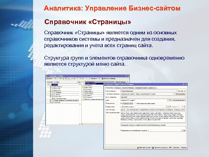 Аналитика: Управление Бизнес-сайтом Справочник «Страницы» является одним из основных справочников системы и предназначен для