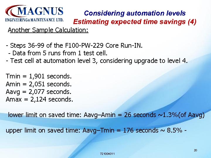 Considering automation levels Estimating expected time savings (4) Another Sample Calculation: - Steps 36