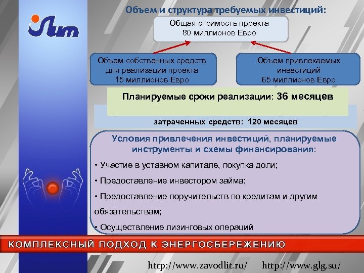 Объем и структура требуемых инвестиций: Общая стоимость проекта 80 миллионов Евро Объем собственных средств