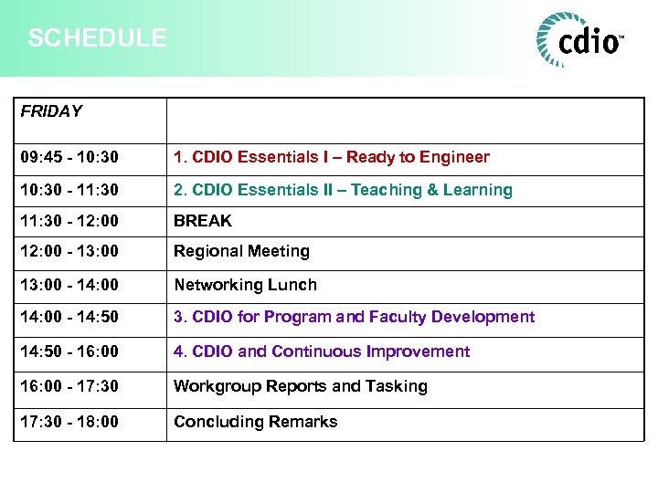 SCHEDULE FRIDAY 09: 45 - 10: 30 1. CDIO Essentials I – Ready to