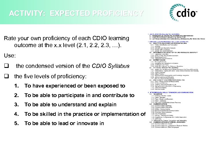 ACTIVITY: EXPECTED PROFICIENCY Rate your own proficiency of each CDIO learning outcome at the