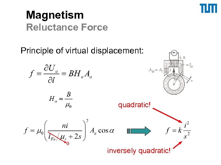 Magnetism Reluctance Force Principle of virtual displacement: quadratic! 0 inversely quadratic! 