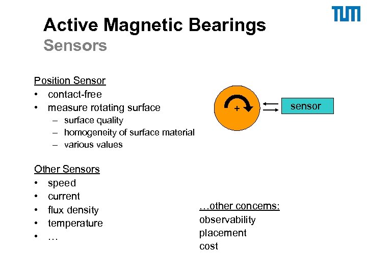 Active Magnetic Bearings Sensors Position Sensor • contact-free • measure rotating surface + –