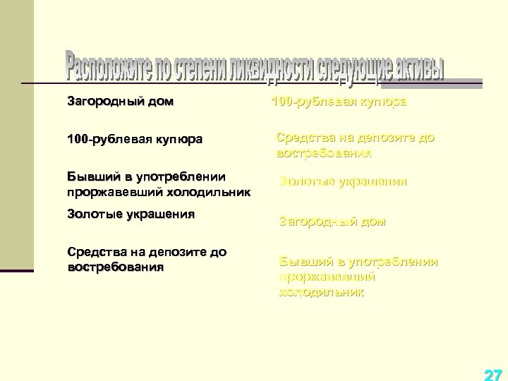 Загородный дом 100 -рублевая купюра Бывший в употреблении проржавевший холодильник Золотые украшения Средства на