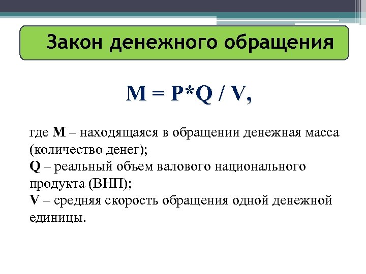Закон денежного обращения М = Р*Q / V, где М – находящаяся в обращении