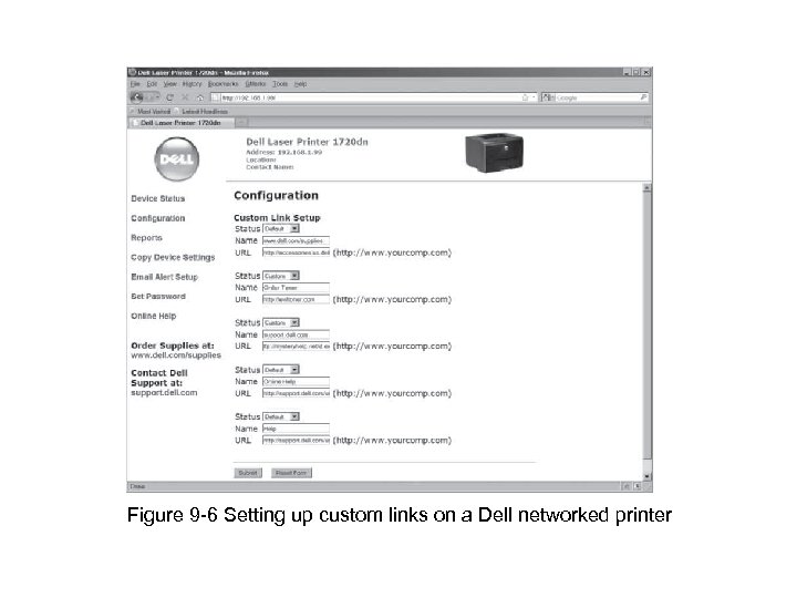 Figure 9 -6 Setting up custom links on a Dell networked printer 