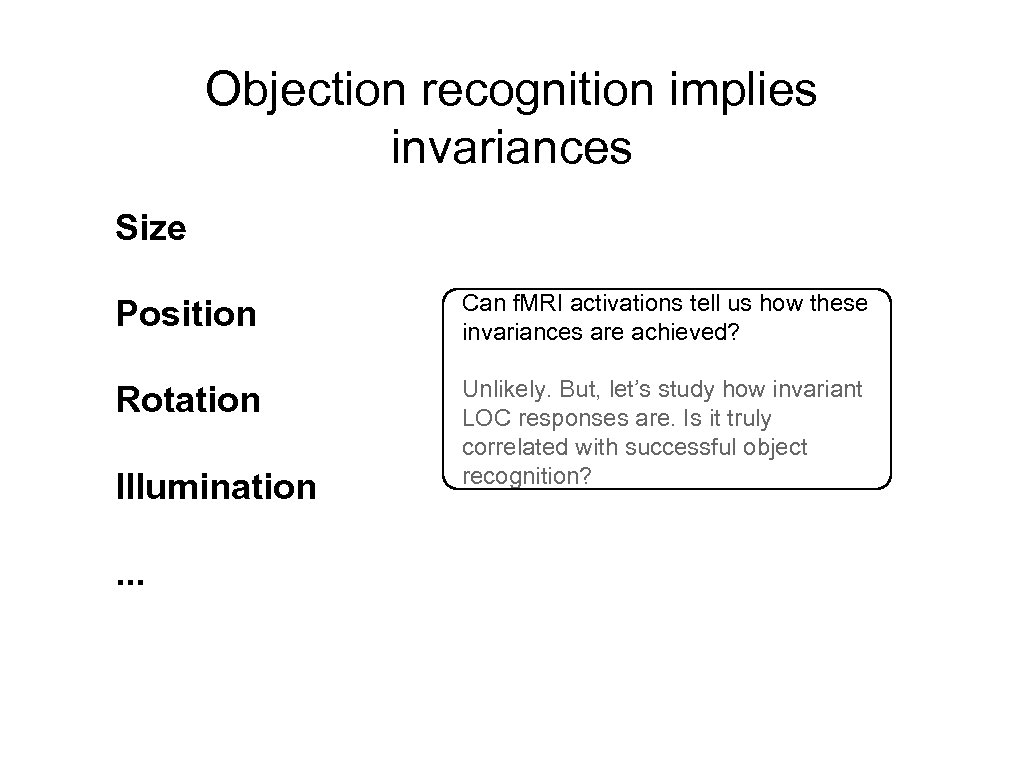 Objection recognition implies invariances Size Position Can f. MRI activations tell us how these