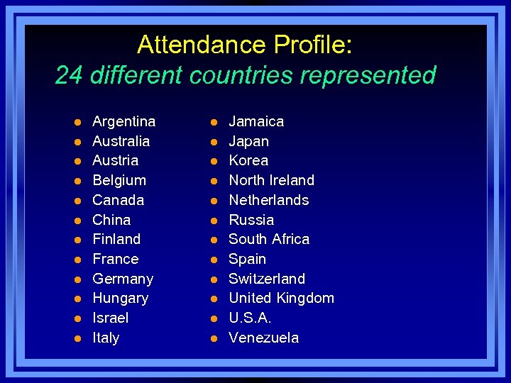 Attendance Profile: 24 different countries represented l l l Argentina Australia Austria Belgium Canada
