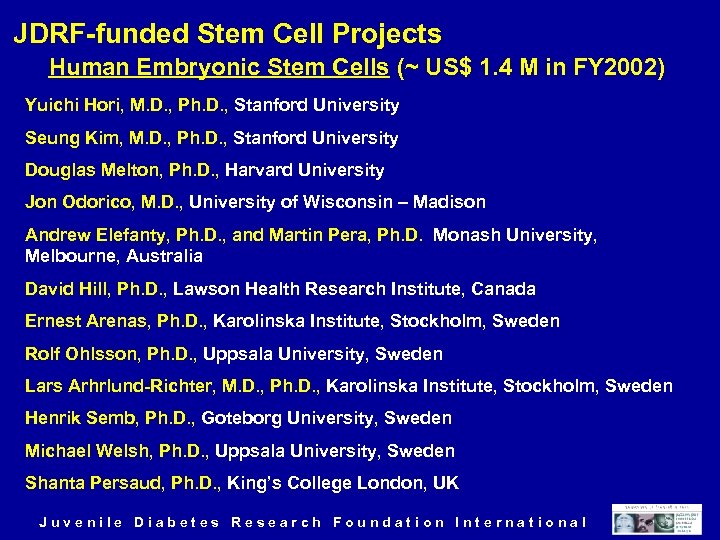 JDRF-funded Stem Cell Projects Human Embryonic Stem Cells (~ US$ 1. 4 M in