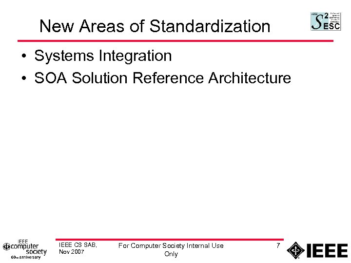 New Areas of Standardization • Systems Integration • SOA Solution Reference Architecture IEEE CS