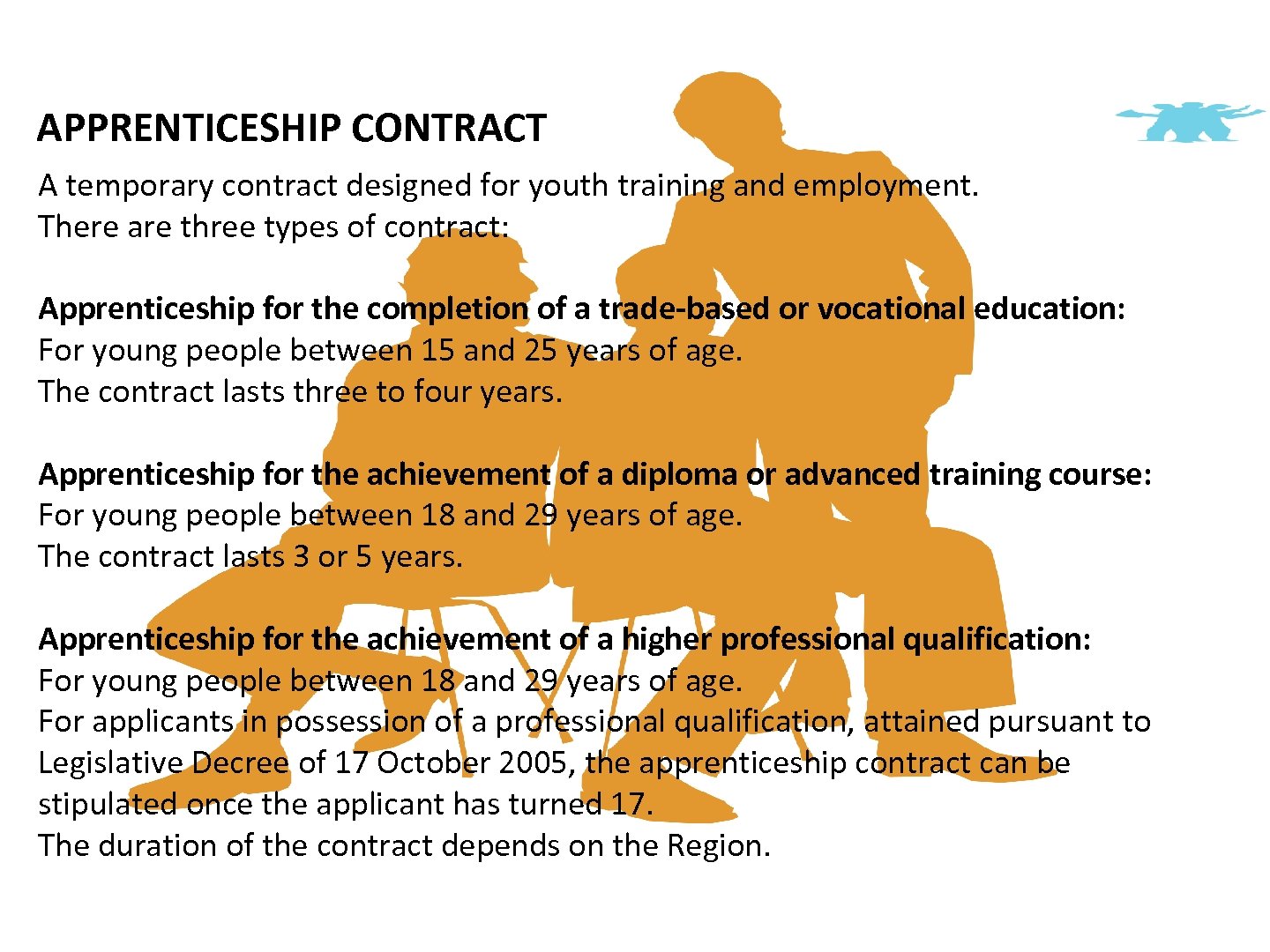 APPRENTICESHIP CONTRACT A temporary contract designed for youth training and employment. There are three