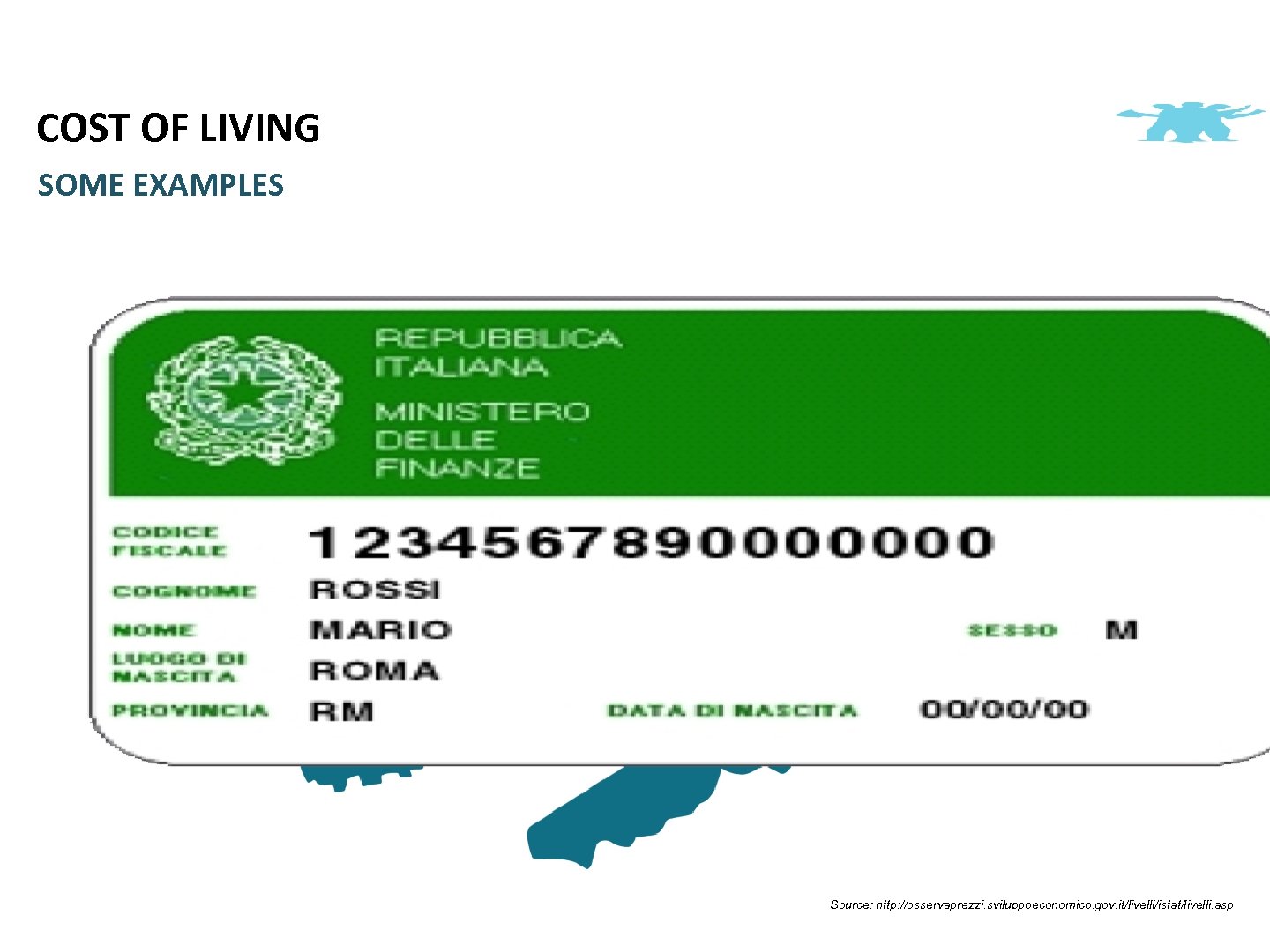 COST OF LIVING SOME EXAMPLES Source: http: //osservaprezzi. sviluppoeconomico. gov. it/livelli/istat/livelli. asp 
