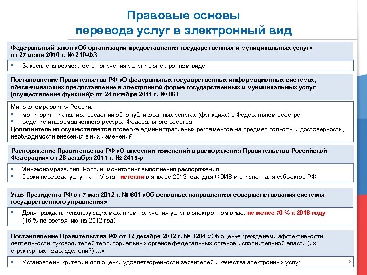 Правовые основы перевода услуг в электронный вид Федеральный закон «Об организации предоставления государственных и