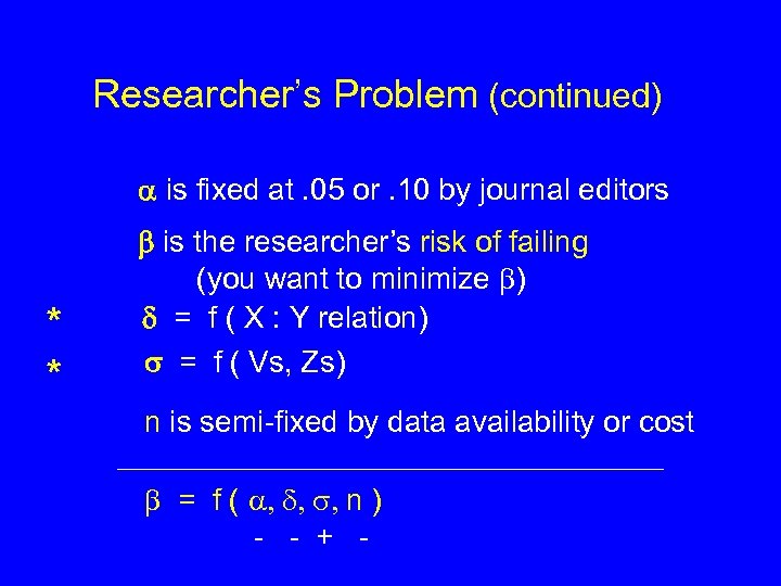 Researcher’s Problem (continued) is fixed at. 05 or. 10 by journal editors * *