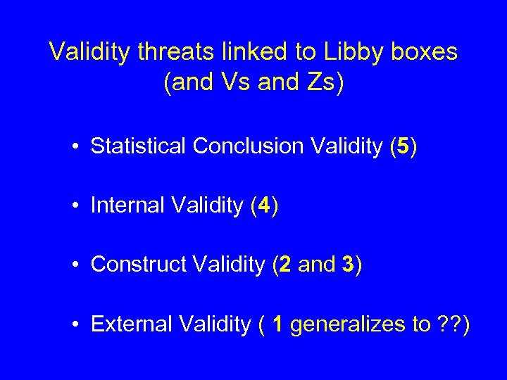 Validity threats linked to Libby boxes (and Vs and Zs) • Statistical Conclusion Validity