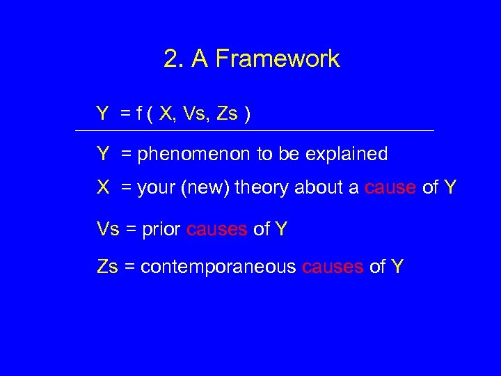 2. A Framework Y = f ( X, Vs, Zs ) Y = phenomenon