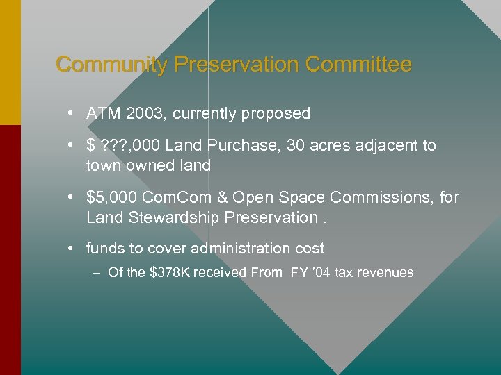 Community Preservation Committee • ATM 2003, currently proposed • $ ? ? ? ,