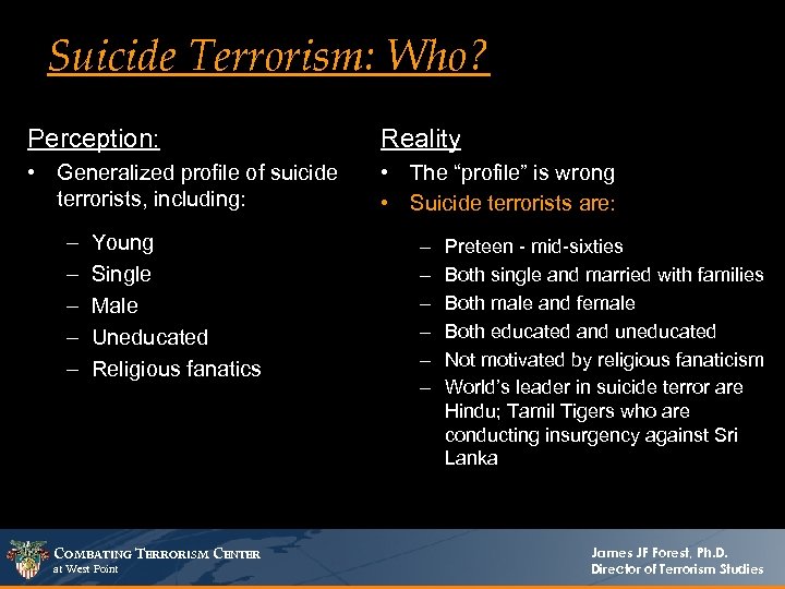 Suicide Terrorism: Who? Perception: Reality • Generalized profile of suicide terrorists, including: • The