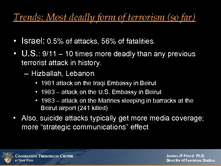 Trends: Most deadly form of terrorism (so far) • Israel: 0. 5% of attacks,