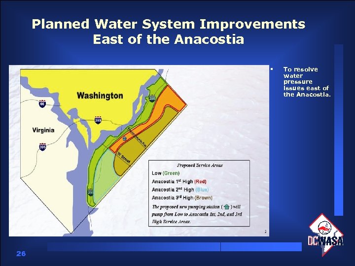 Planned Water System Improvements East of the Anacostia § 26 To resolve water pressure
