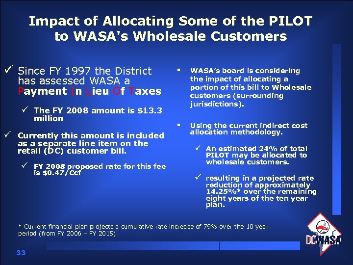 Impact of Allocating Some of the PILOT to WASA's Wholesale Customers ü Since FY