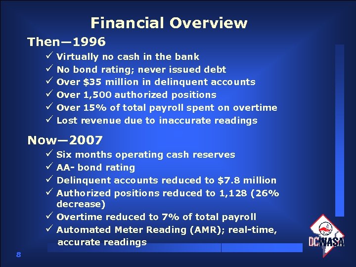 Financial Overview Then— 1996 ü Virtually no cash in the bank ü No bond