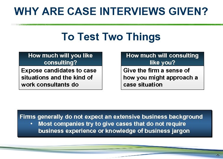 WHY ARE CASE INTERVIEWS GIVEN? To Test Two Things How much will you like