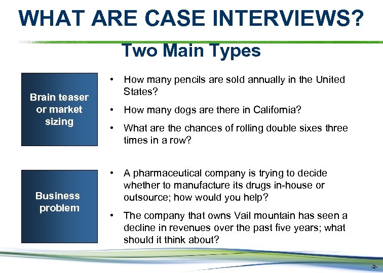 WHAT ARE CASE INTERVIEWS? Two Main Types Brain teaser or market sizing Business problem