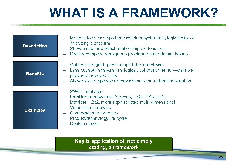 WHAT IS A FRAMEWORK? Description – Models, tools or maps that provide a systematic,
