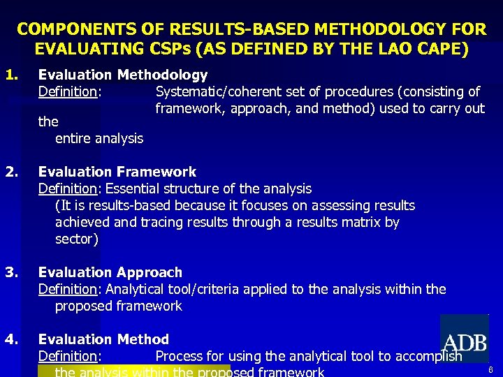 COMPONENTS OF RESULTS-BASED METHODOLOGY FOR EVALUATING CSPs (AS DEFINED BY THE LAO CAPE) 1.
