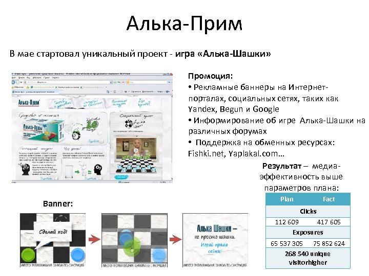 Алька-Прим В мае стартовал уникальный проект - игра «Алька-Шашки» Промоция: • Рекламные баннеры на