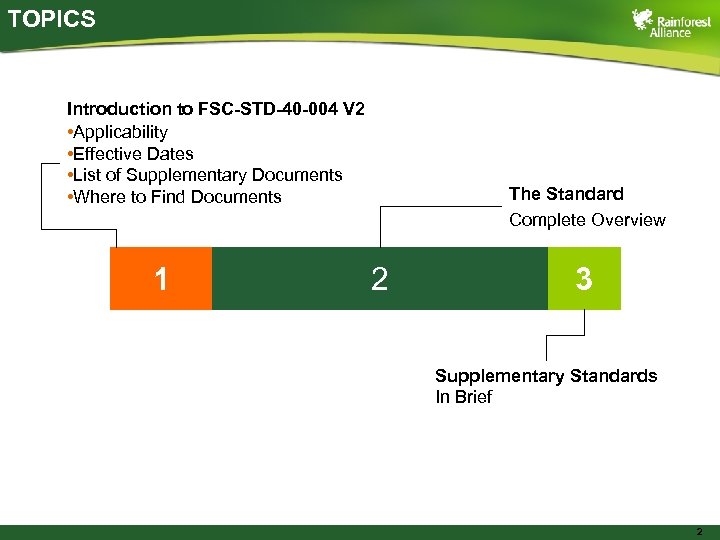 TOPICS Introduction to FSC-STD-40 -004 V 2 • Applicability • Effective Dates • List