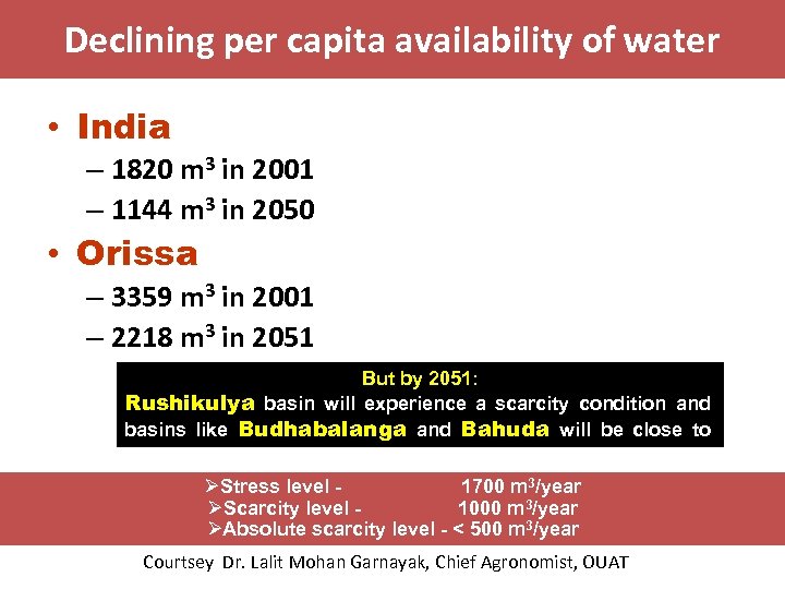 Declining per capita availability of water • India – 1820 m 3 in 2001