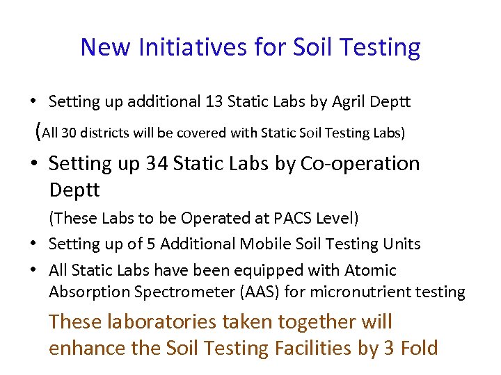 New Initiatives for Soil Testing • Setting up additional 13 Static Labs by Agril