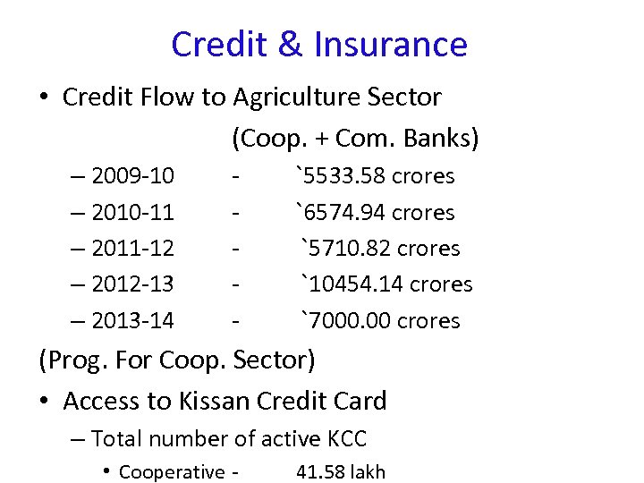Credit & Insurance • Credit Flow to Agriculture Sector (Coop. + Com. Banks) –