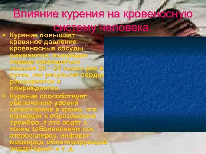 Влияние курения на кровеносную систему человека. § Курение повышает кровяное давление: кровеносные сосуды сжимаются,