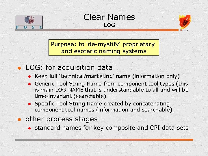 Clear Names LOG Purpose: to ‘de-mystify’ proprietary and esoteric naming systems l LOG: for