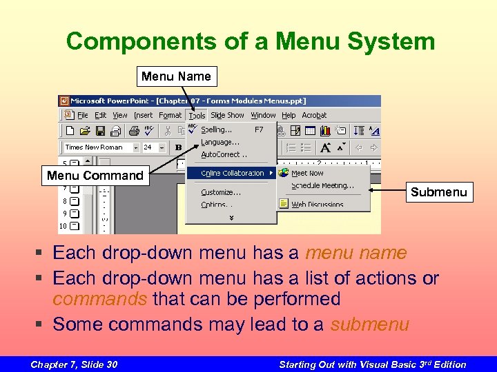 Components of a Menu System Menu Name Menu Command Submenu § Each drop-down menu