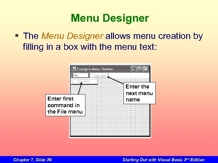 Menu Designer § The Menu Designer allows menu creation by filling in a box