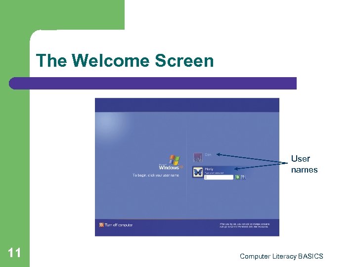 The Welcome Screen User names 11 Computer Literacy BASICS 