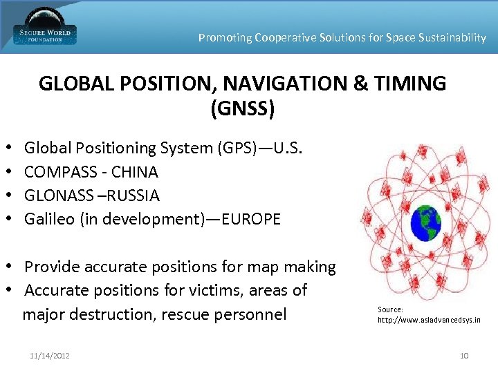 Promoting Cooperative Solutions for Space Sustainability GLOBAL POSITION, NAVIGATION & TIMING (GNSS) • •