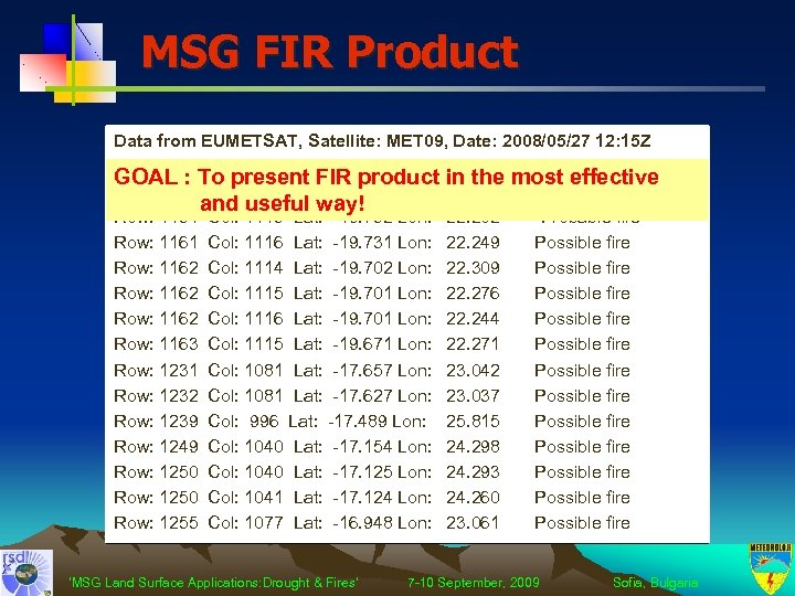 MSG FIR Product Data from EUMETSAT, Satellite: MET 09, Date: 2008/05/27 12: 15 Z
