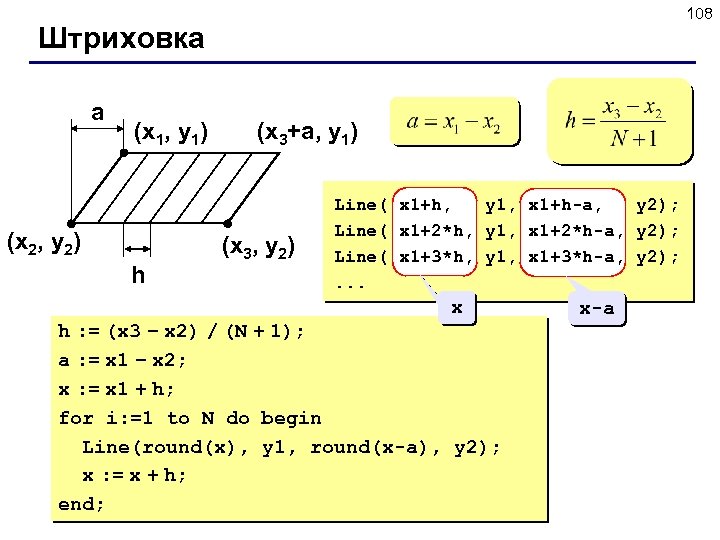 108 Штриховка a (x 1, y 1) (x 2, y 2) h (x 3+a,