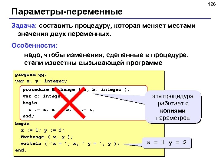 126 Параметры-переменные Задача: составить процедуру, которая меняет местами значения двух переменных. Особенности: надо, чтобы