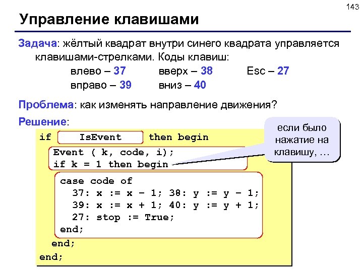 143 Управление клавишами Задача: жёлтый квадрат внутри синего квадрата управляется клавишами-стрелками. Коды клавиш: влево