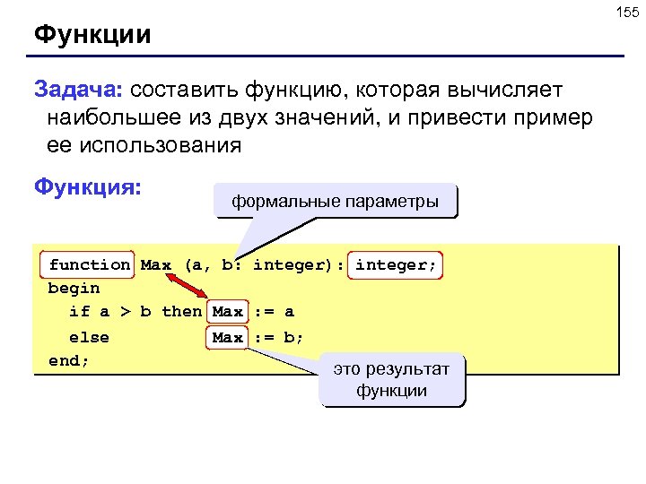 155 Функции Задача: составить функцию, которая вычисляет наибольшее из двух значений, и привести пример