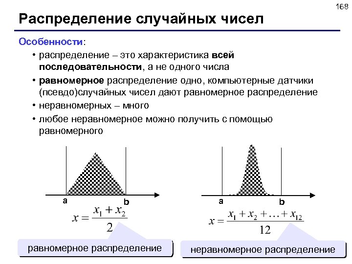 168 Распределение случайных чисел Особенности: • распределение – это характеристика всей последовательности, а не