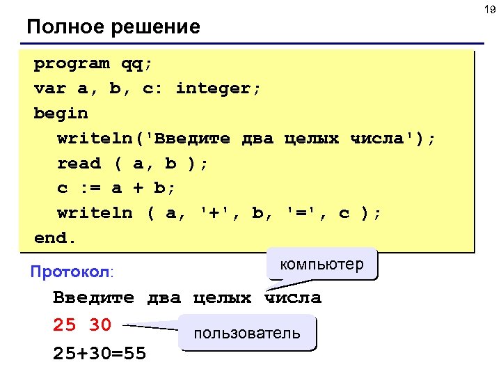 19 Полное решение program qq; var a, b, c: integer; begin writeln('Введите два целых
